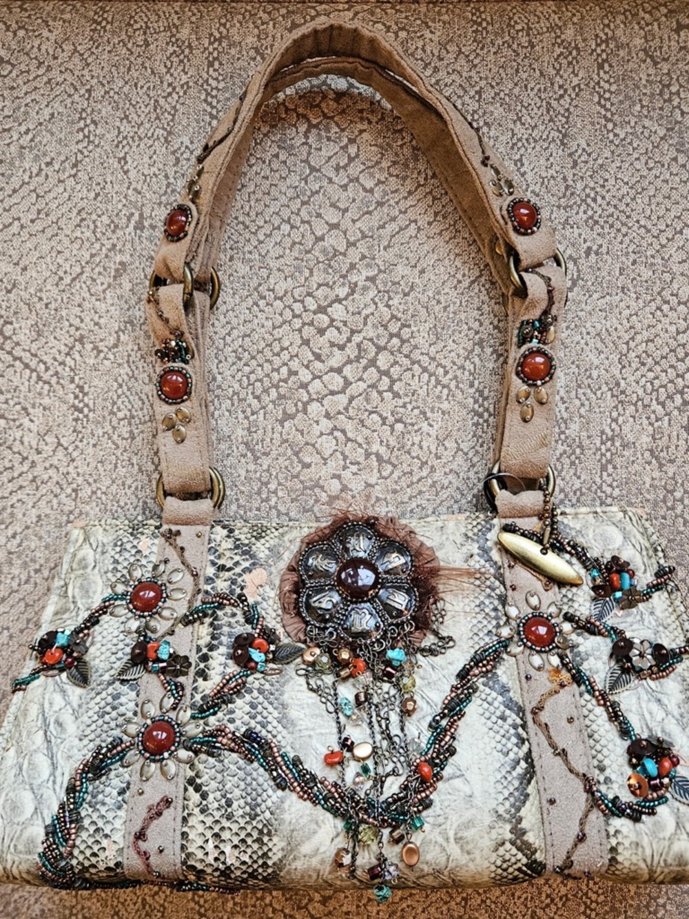 Mary Frances Beaded Beige and Turquoise Floral Shoulder Bag